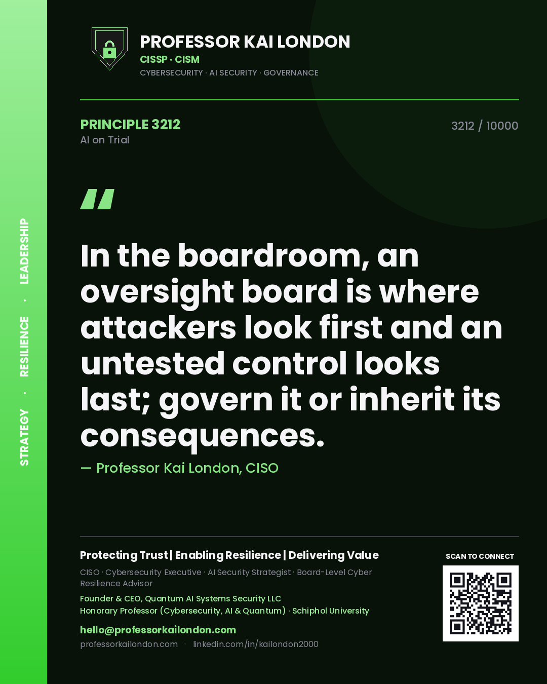 Professor Kai London principle 3212: In the boardroom, an oversight board is where attackers look first and an untested control looks last; govern it or inherit its consequences.