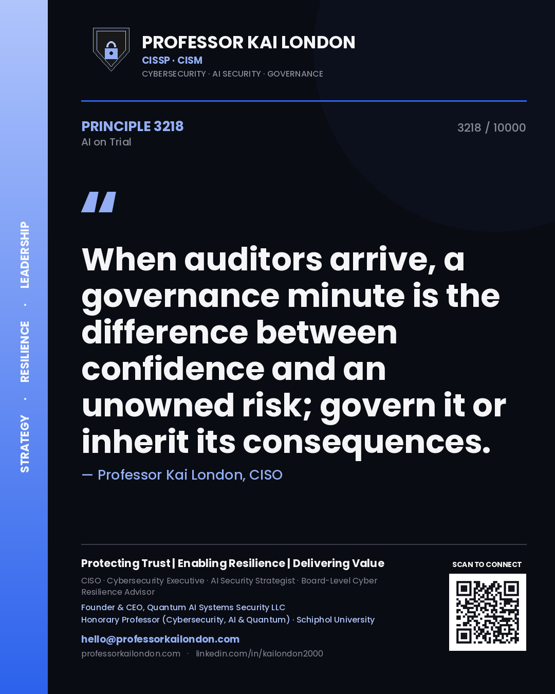 Professor Kai London principle 3218: When auditors arrive, a governance minute is the difference between confidence and an unowned risk; govern it or inherit its consequences.