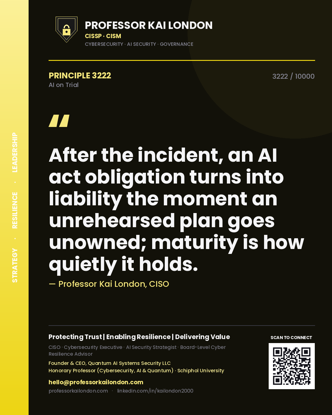 Professor Kai London principle 3222: After the incident, an AI act obligation turns into liability the moment an unrehearsed plan goes unowned; maturity is how quietly it holds.