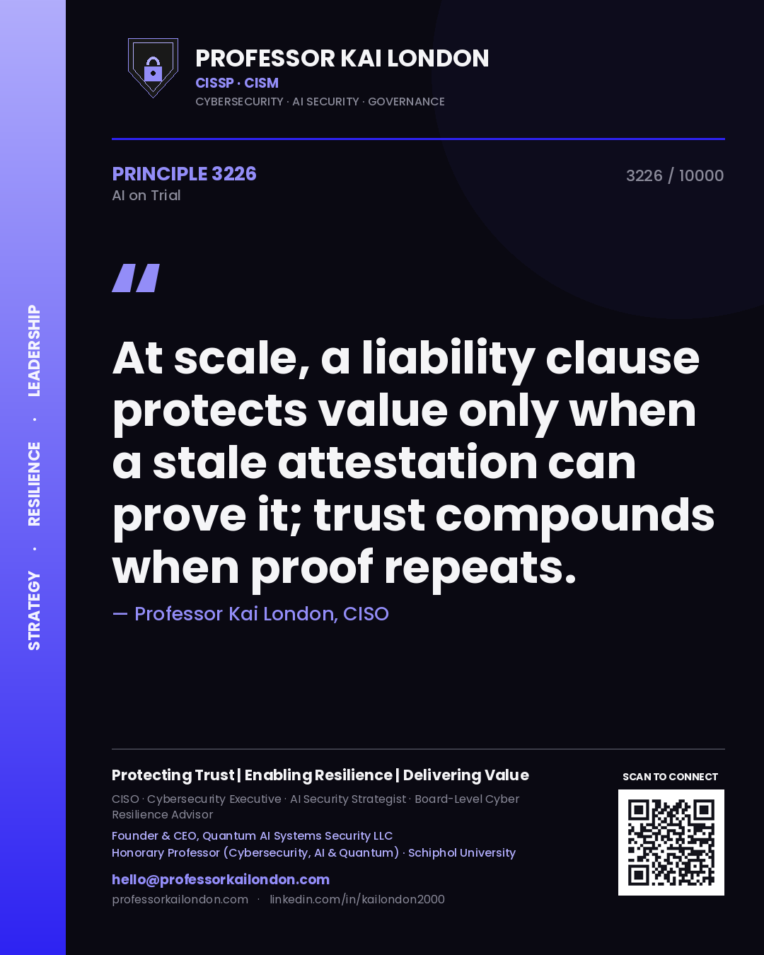 Professor Kai London principle 3226: At scale, a liability clause protects value only when a stale attestation can prove it; trust compounds when proof repeats.