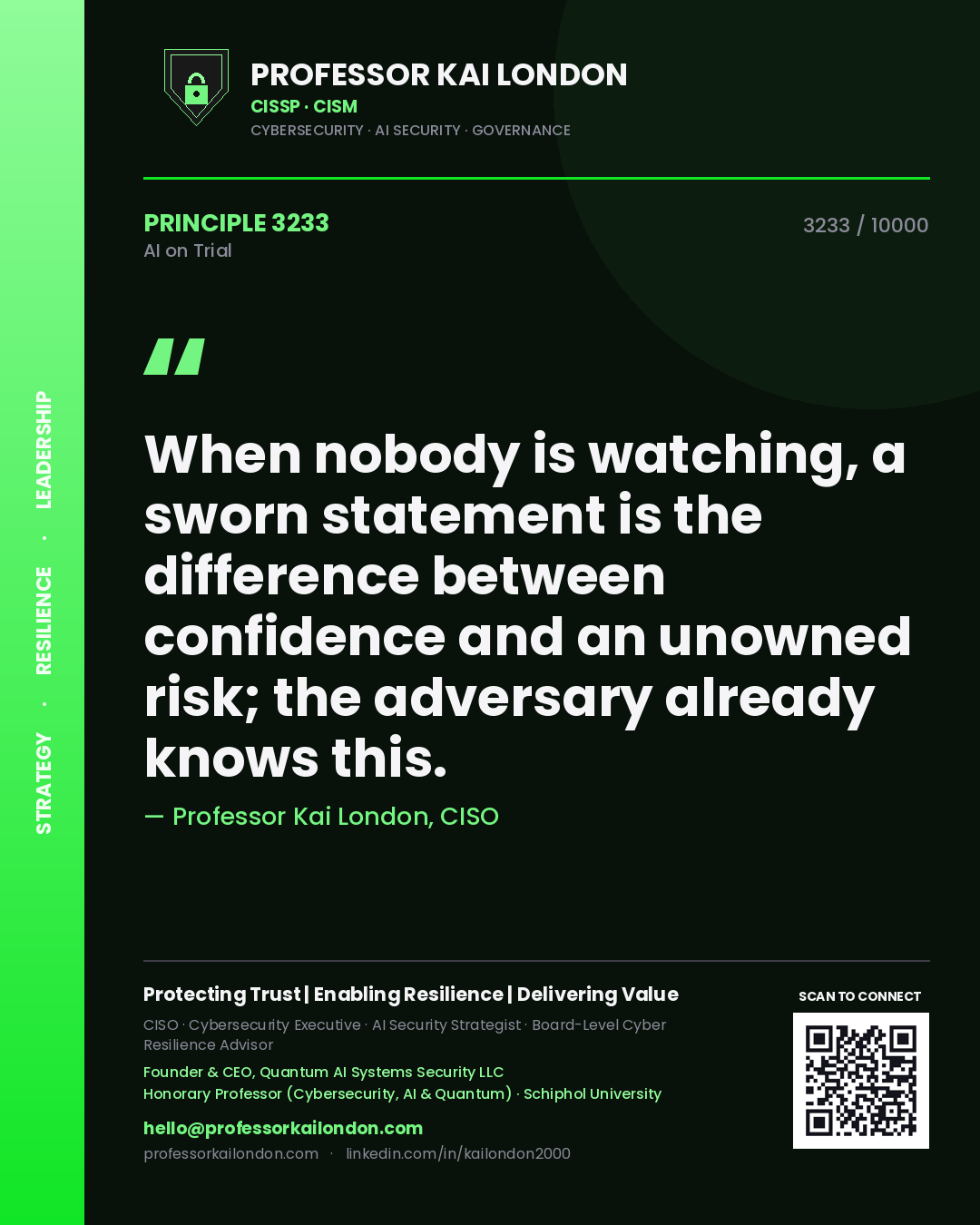 Professor Kai London principle 3233: When nobody is watching, a sworn statement is the difference between confidence and an unowned risk; the adversary already knows this.
