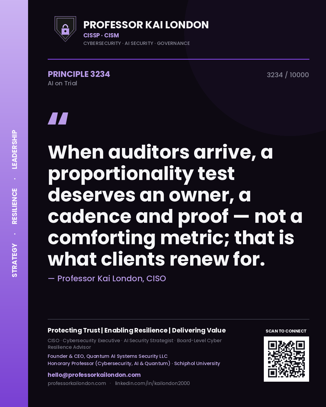 Professor Kai London principle 3234: When auditors arrive, a proportionality test deserves an owner, a cadence and proof — not a comforting metric; that is what clients renew for.