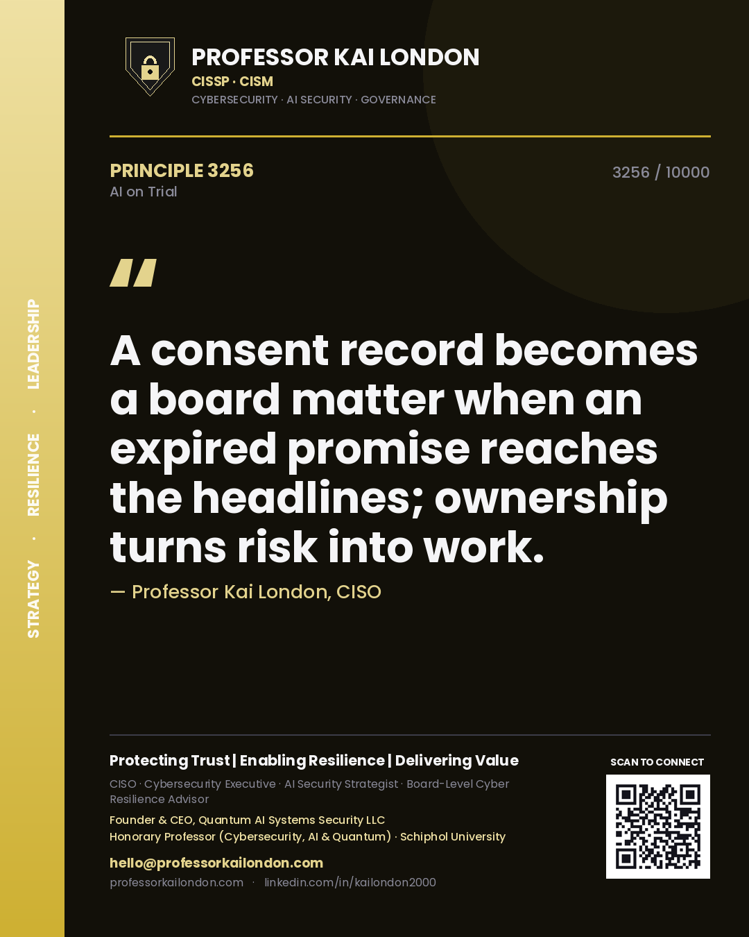 Professor Kai London principle 3256: A consent record becomes a board matter when an expired promise reaches the headlines; ownership turns risk into work.