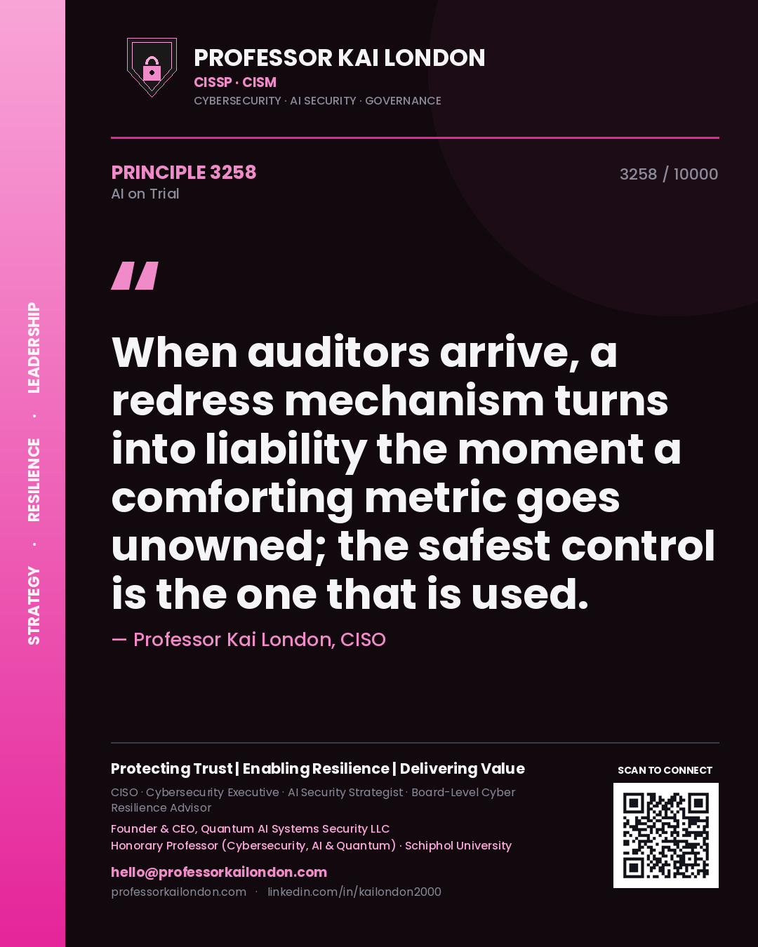 Professor Kai London principle 3258: When auditors arrive, a redress mechanism turns into liability the moment a comforting metric goes unowned; the safest control is the one that is used.