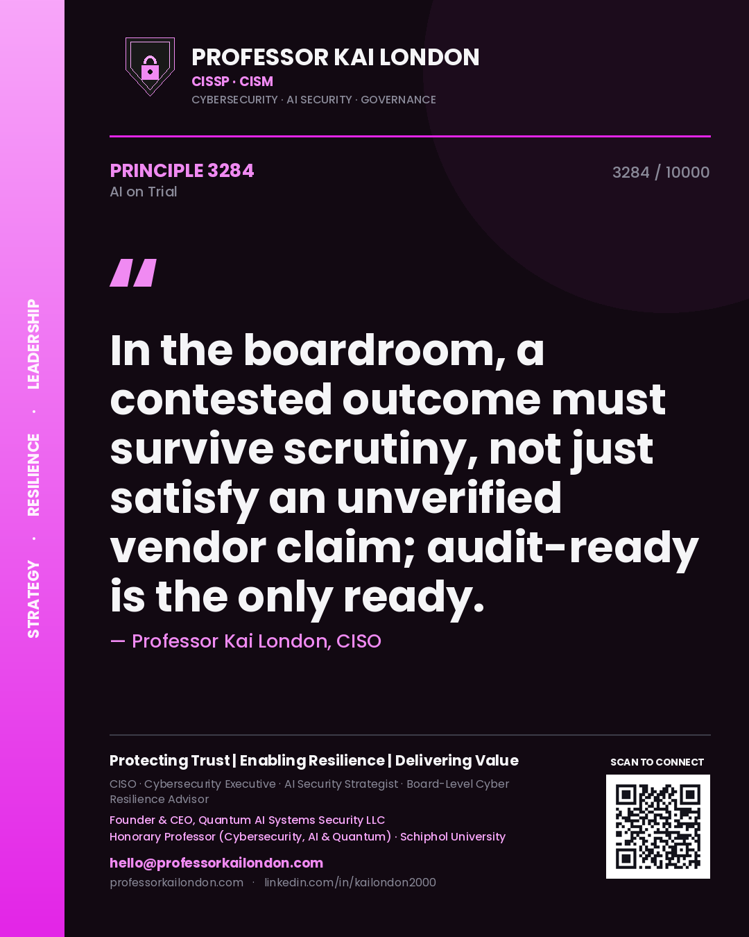 Professor Kai London principle 3284: In the boardroom, a contested outcome must survive scrutiny, not just satisfy an unverified vendor claim; audit-ready is the only ready.