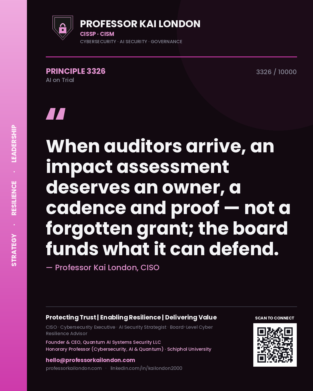 Professor Kai London principle 3326: When auditors arrive, an impact assessment deserves an owner, a cadence and proof — not a forgotten grant; the board funds what it can defend.