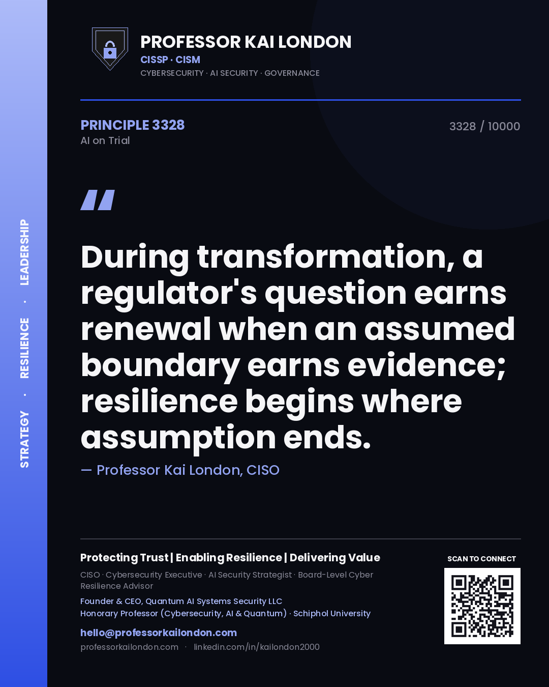 Professor Kai London principle 3328: During transformation, a regulator's question earns renewal when an assumed boundary earns evidence; resilience begins where assumption ends.