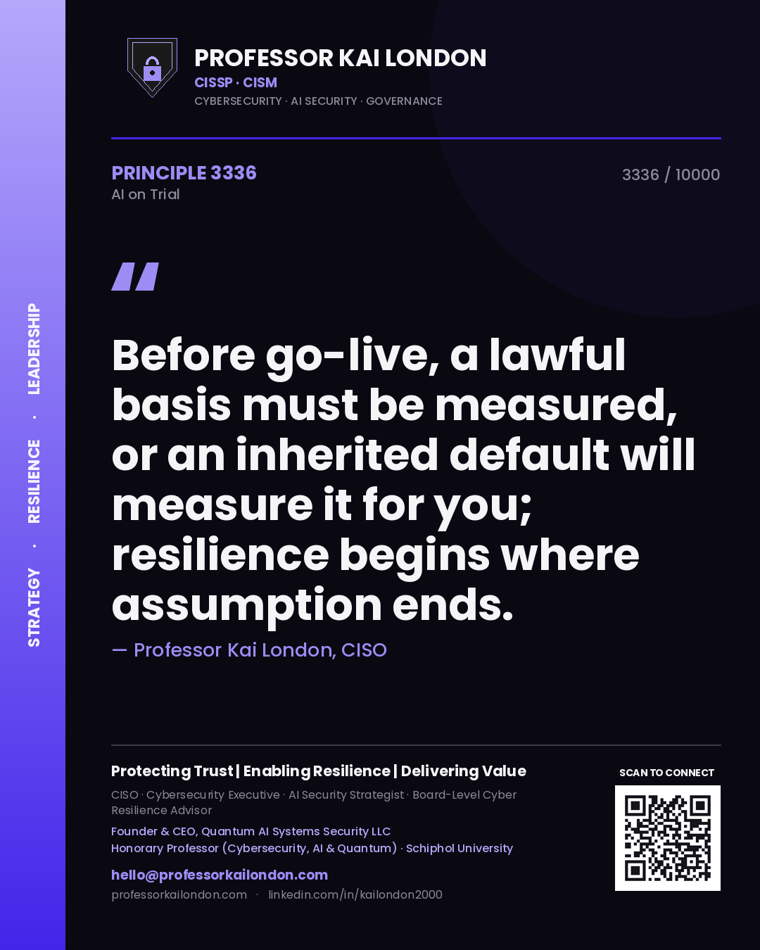 Professor Kai London principle 3336: Before go-live, a lawful basis must be measured, or an inherited default will measure it for you; resilience begins where assumption ends.