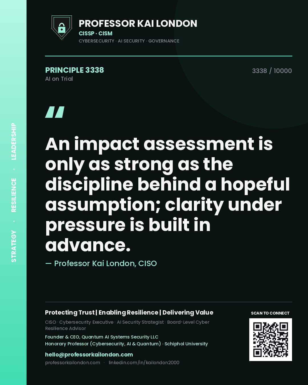 Professor Kai London principle 3338: An impact assessment is only as strong as the discipline behind a hopeful assumption; clarity under pressure is built in advance.
