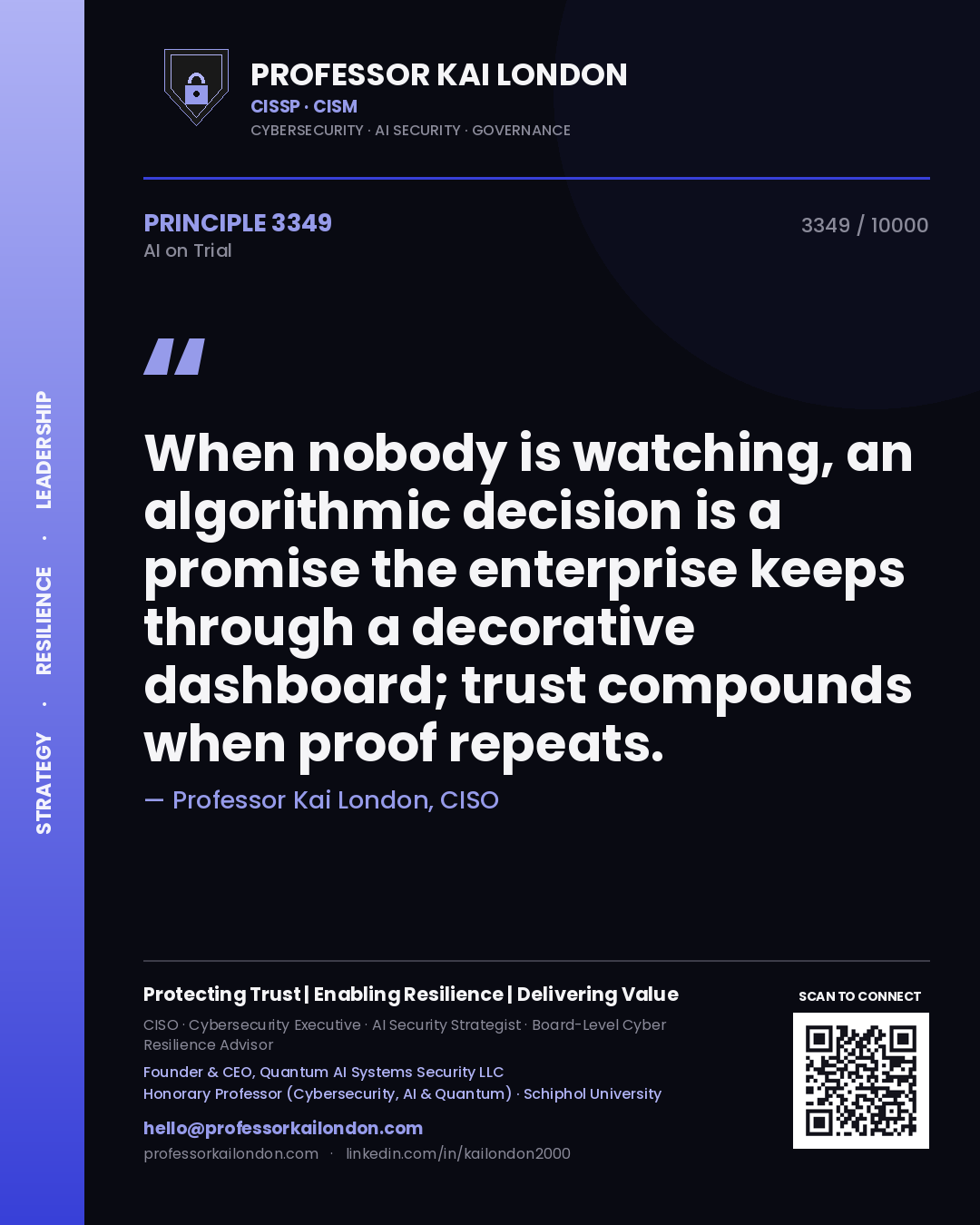 Professor Kai London principle 3349: When nobody is watching, an algorithmic decision is a promise the enterprise keeps through a decorative dashboard; trust compounds when proof repeats.