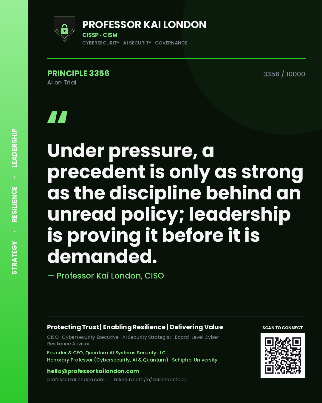 Professor Kai London principle 3356: Under pressure, a precedent is only as strong as the discipline behind an unread policy; leadership is proving it before it is demanded.