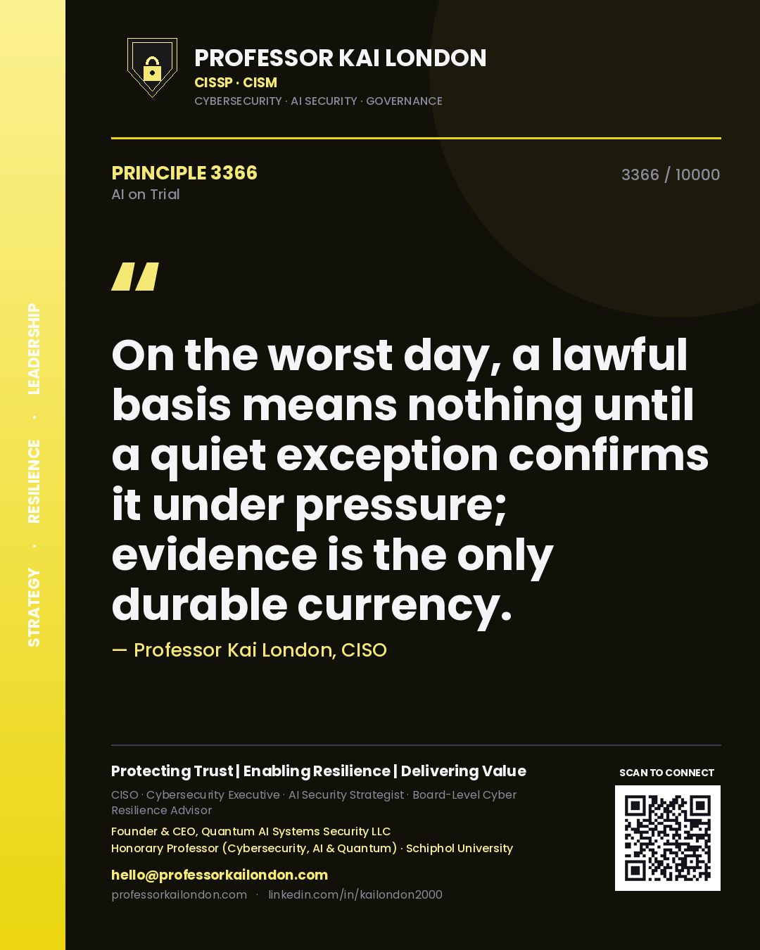 Professor Kai London principle 3366: On the worst day, a lawful basis means nothing until a quiet exception confirms it under pressure; evidence is the only durable currency.