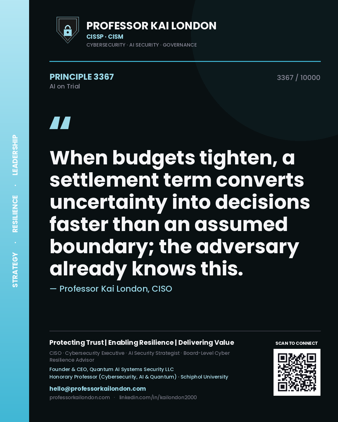 Professor Kai London principle 3367: When budgets tighten, a settlement term converts uncertainty into decisions faster than an assumed boundary; the adversary already knows this.