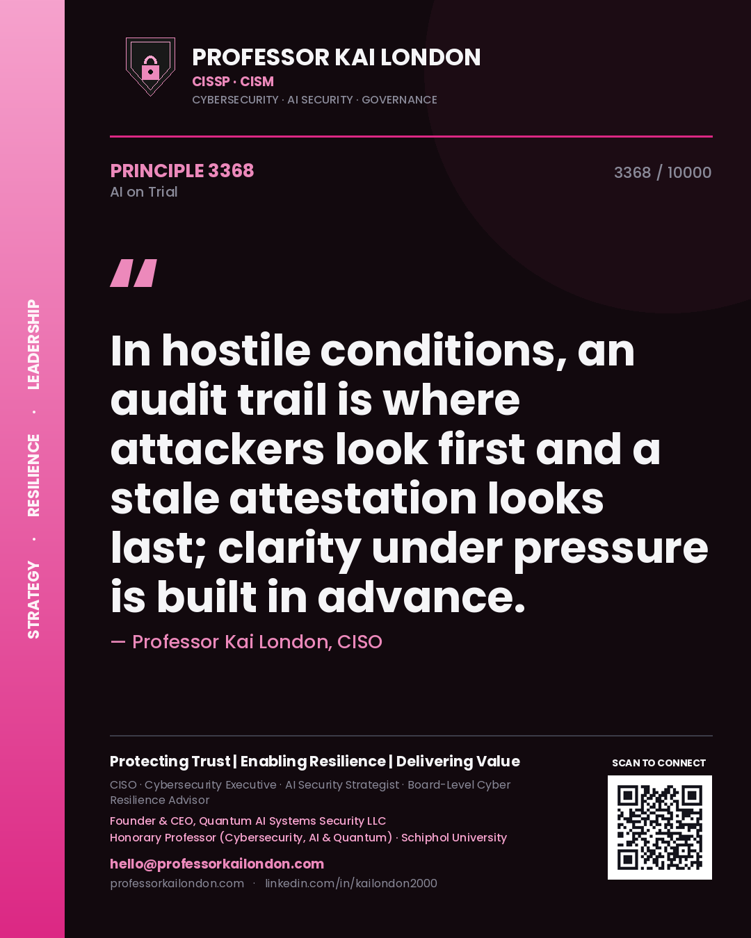 Professor Kai London principle 3368: In hostile conditions, an audit trail is where attackers look first and a stale attestation looks last; clarity under pressure is built in advance.