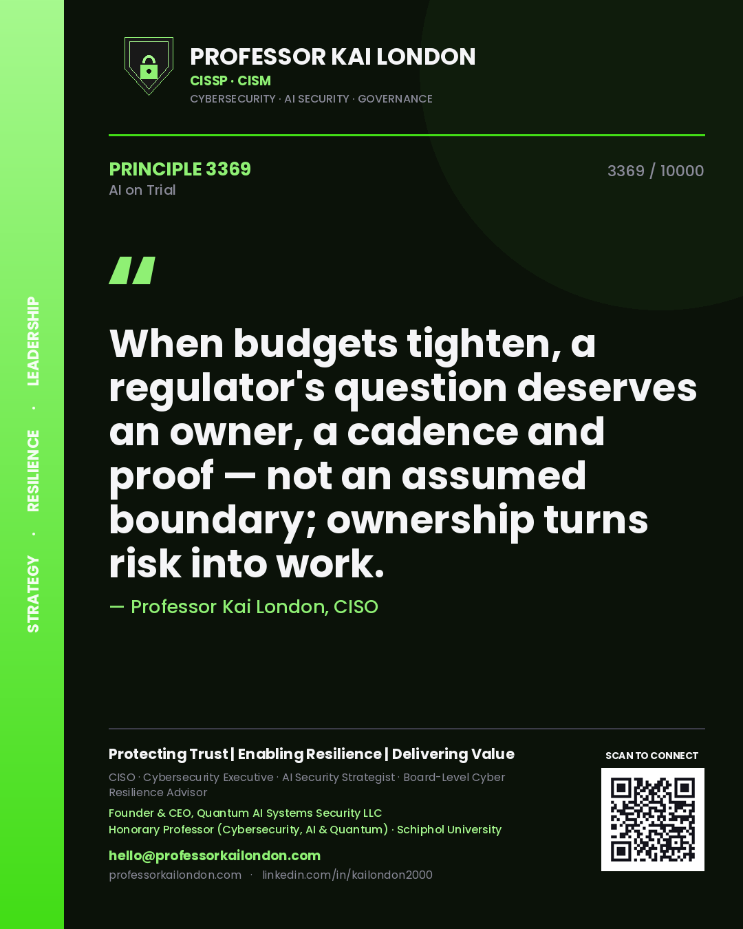 Professor Kai London principle 3369: When budgets tighten, a regulator's question deserves an owner, a cadence and proof — not an assumed boundary; ownership turns risk into work.