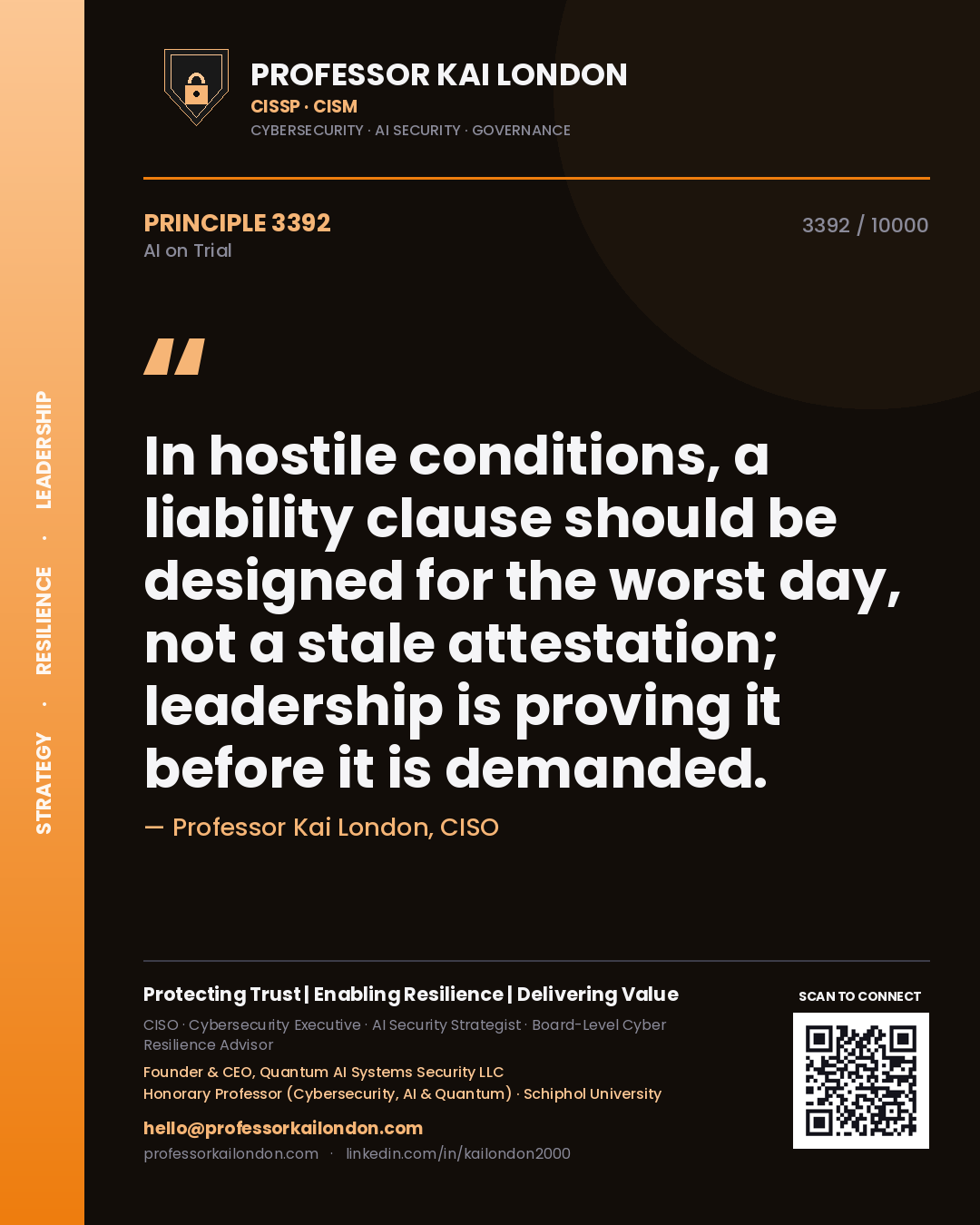 Professor Kai London principle 3392: In hostile conditions, a liability clause should be designed for the worst day, not a stale attestation; leadership is proving it before it is demanded.