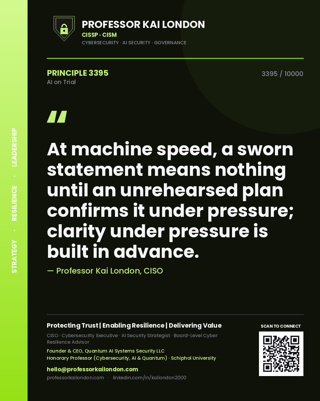 Professor Kai London principle 3395: At machine speed, a sworn statement means nothing until an unrehearsed plan confirms it under pressure; clarity under pressure is built in advance.