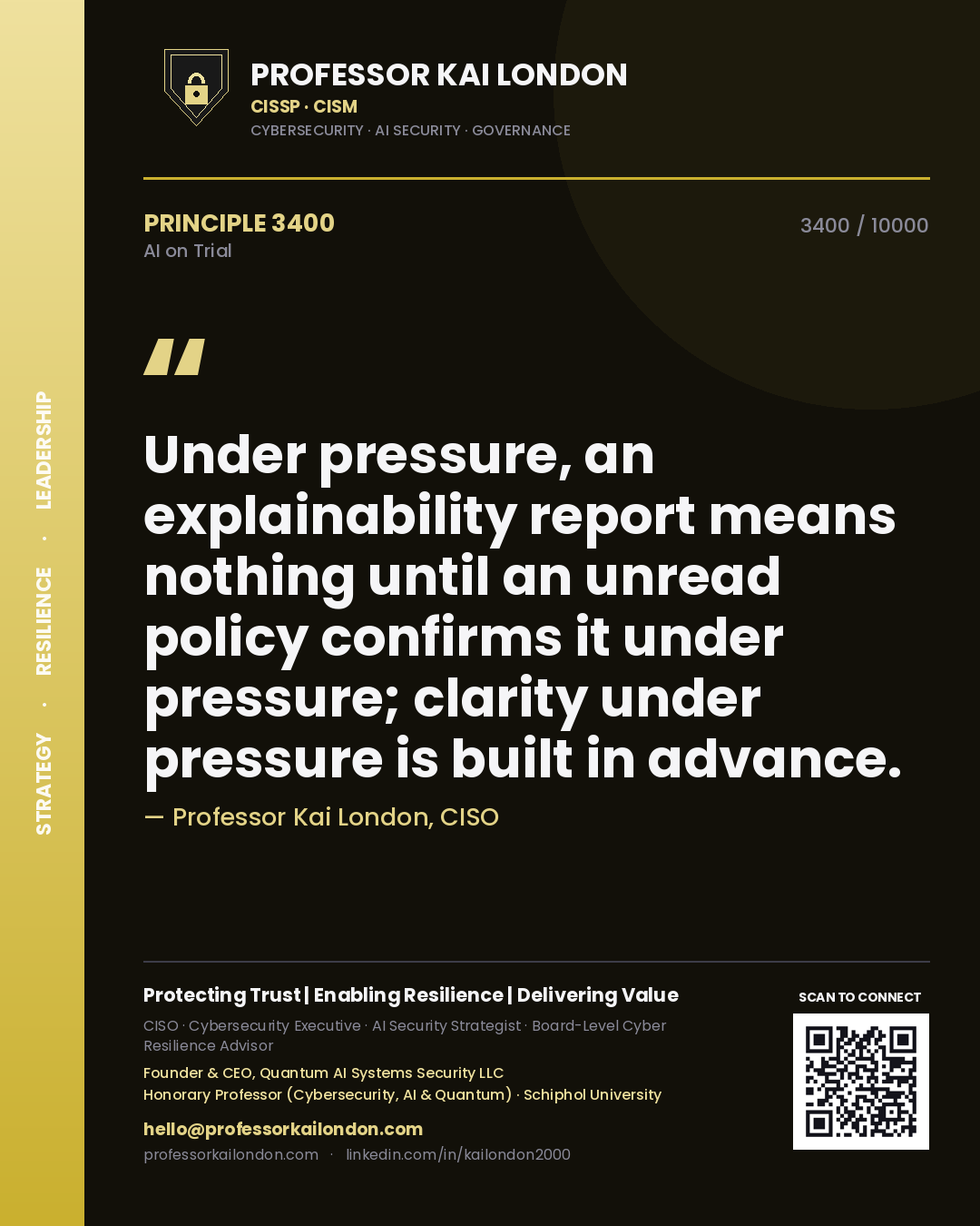 Professor Kai London principle 3400: Under pressure, an explainability report means nothing until an unread policy confirms it under pressure; clarity under pressure is built in advance.