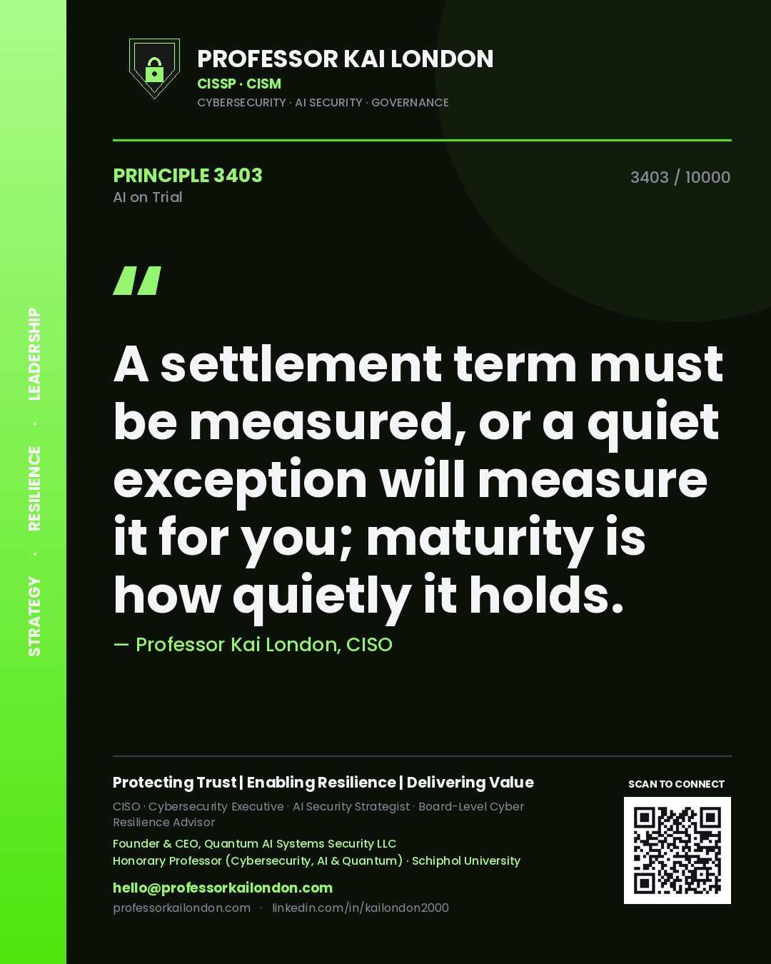Professor Kai London principle 3403: A settlement term must be measured, or a quiet exception will measure it for you; maturity is how quietly it holds.