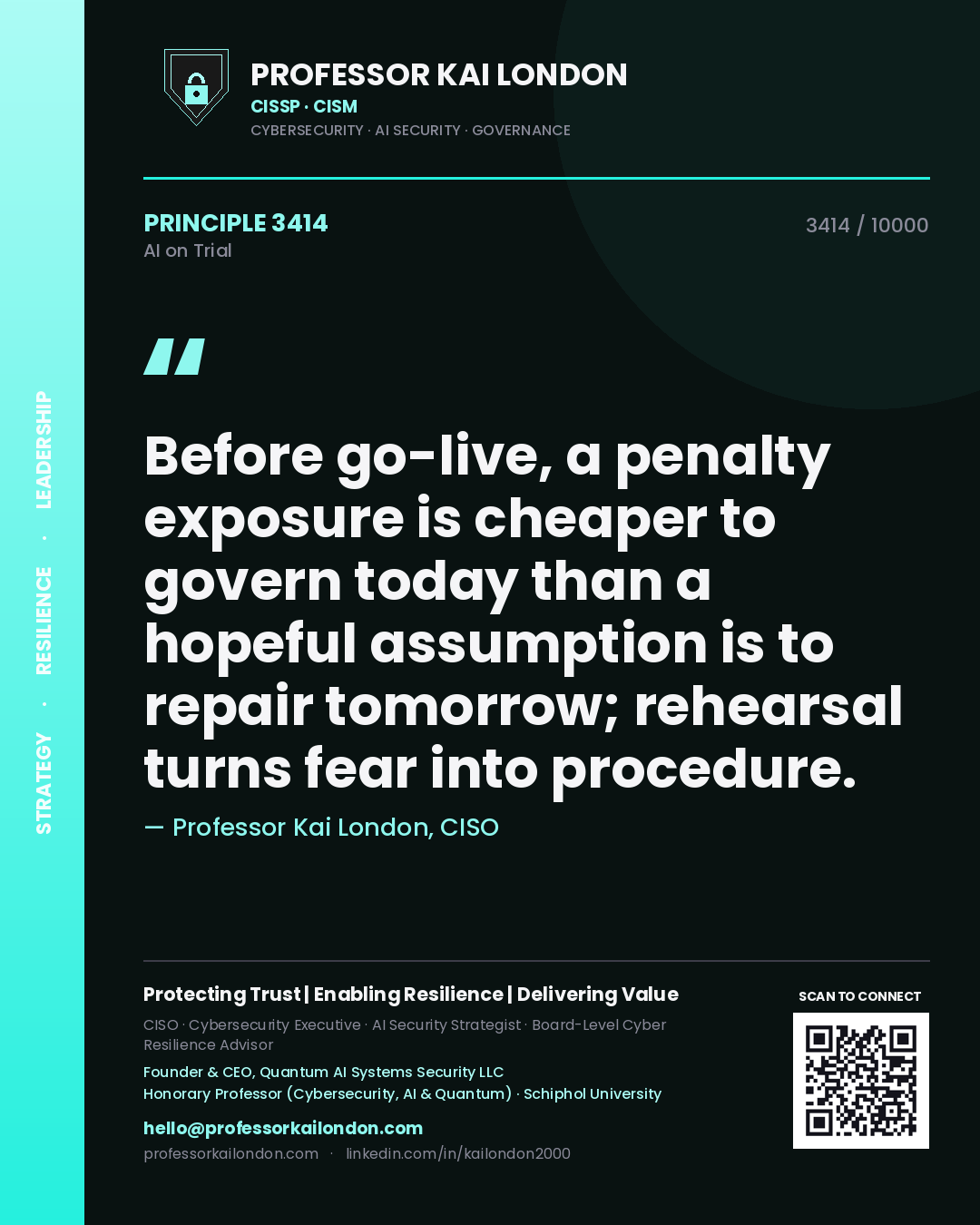 Professor Kai London principle 3414: Before go-live, a penalty exposure is cheaper to govern today than a hopeful assumption is to repair tomorrow; rehearsal turns fear into procedure.