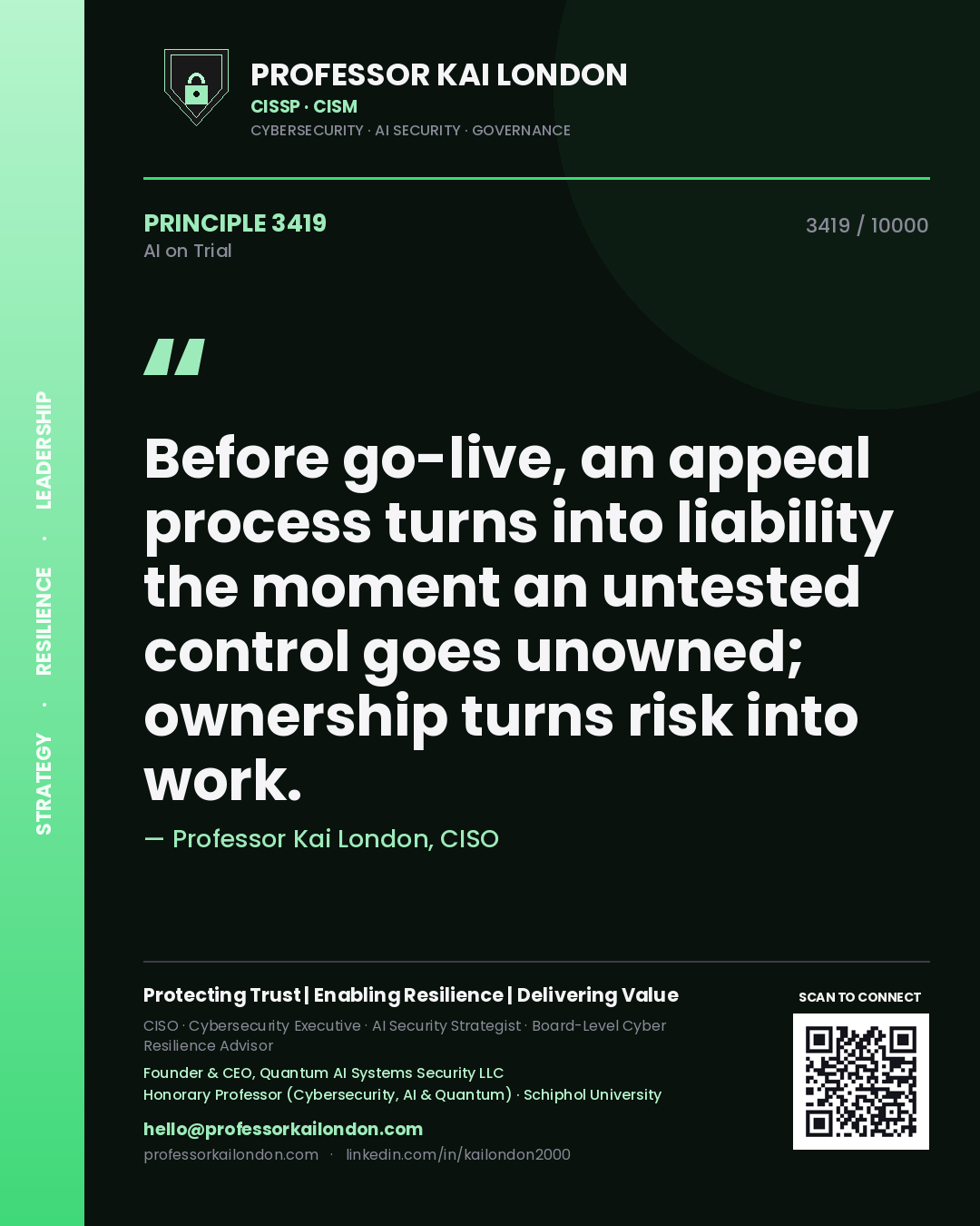 Professor Kai London principle 3419: Before go-live, an appeal process turns into liability the moment an untested control goes unowned; ownership turns risk into work.
