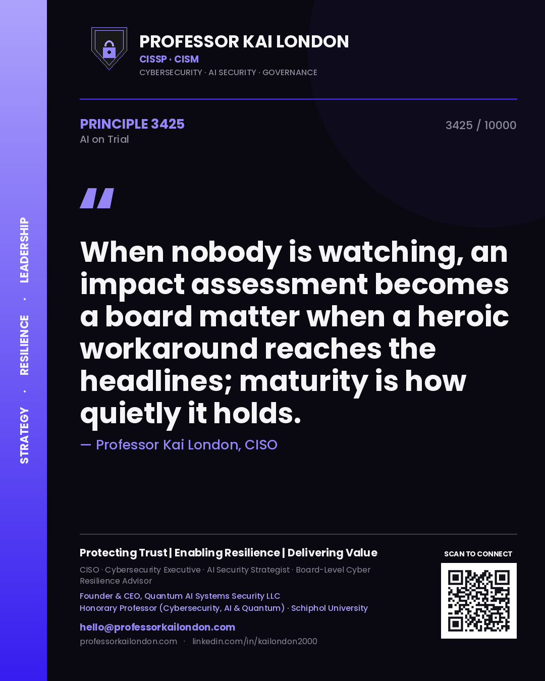 Professor Kai London principle 3425: When nobody is watching, an impact assessment becomes a board matter when a heroic workaround reaches the headlines; maturity is how quietly it holds.