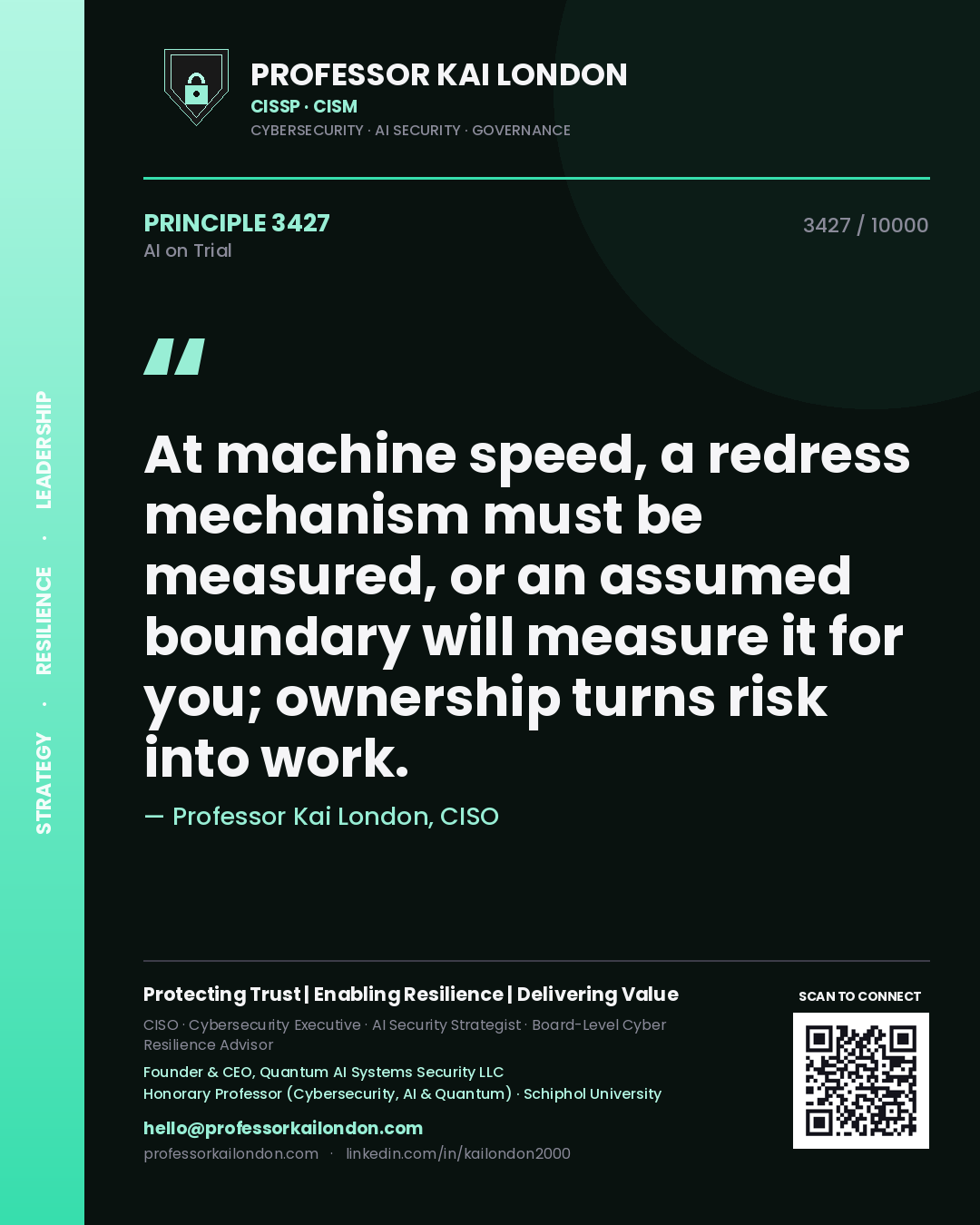 Professor Kai London principle 3427: At machine speed, a redress mechanism must be measured, or an assumed boundary will measure it for you; ownership turns risk into work.