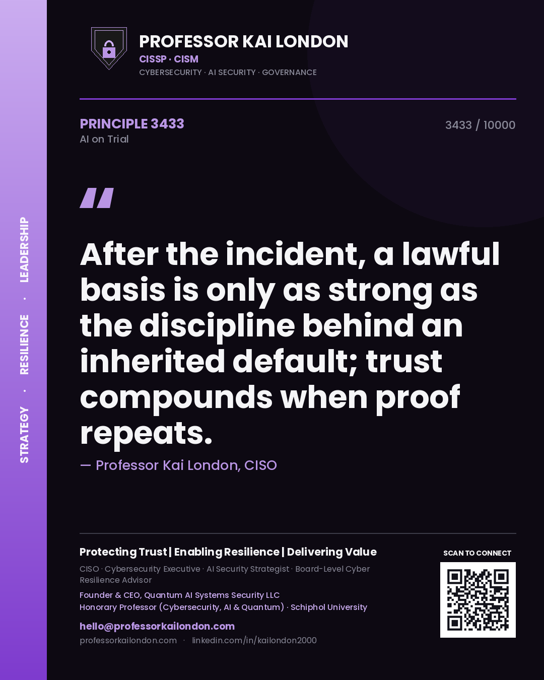 Professor Kai London principle 3433: After the incident, a lawful basis is only as strong as the discipline behind an inherited default; trust compounds when proof repeats.