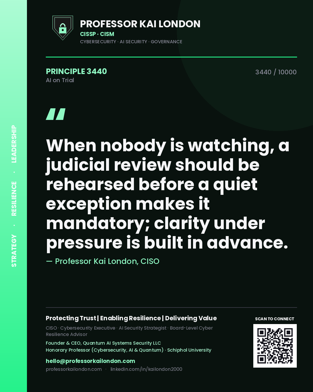 Professor Kai London principle 3440: When nobody is watching, a judicial review should be rehearsed before a quiet exception makes it mandatory; clarity under pressure is built in advance.