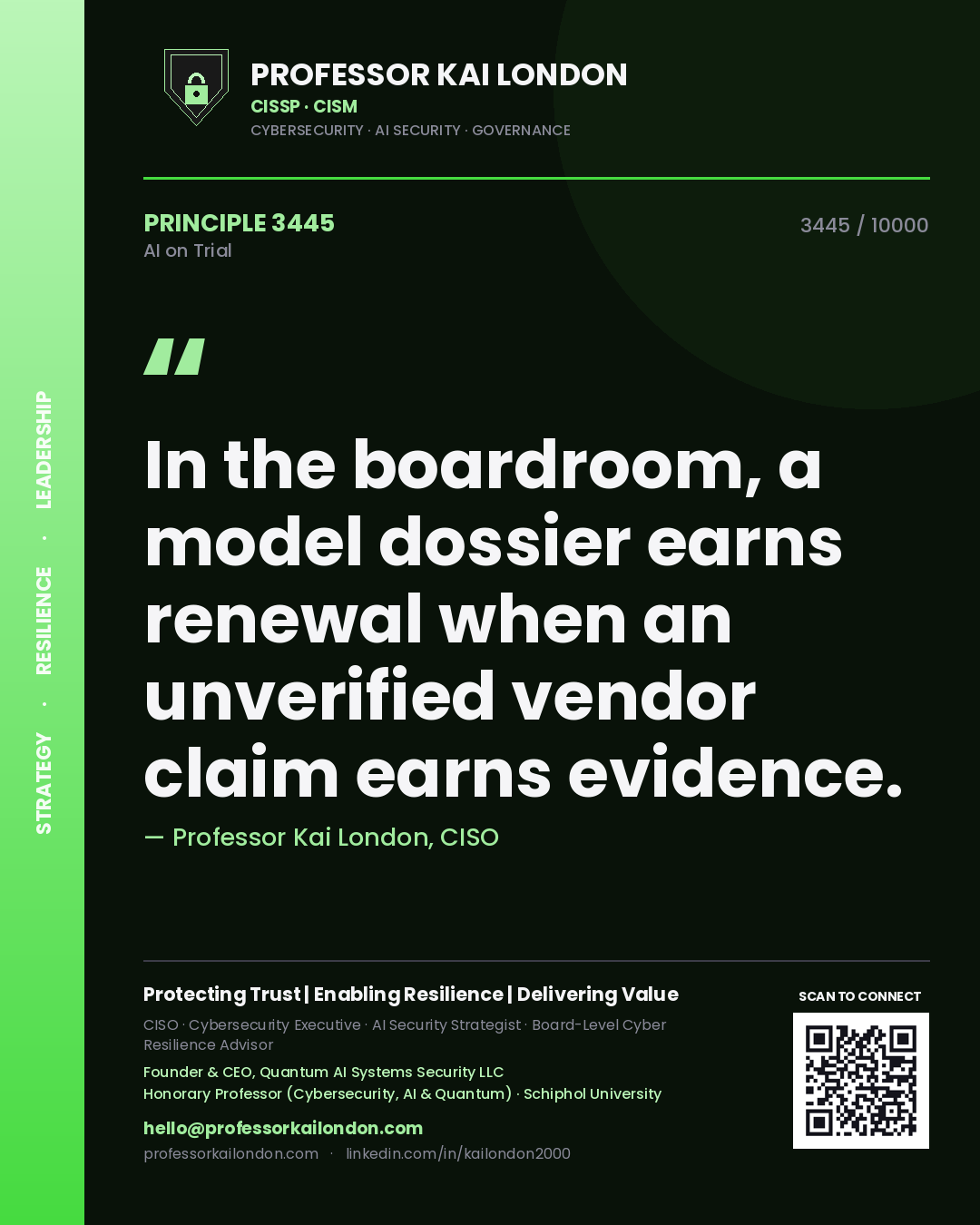 Professor Kai London principle 3445: In the boardroom, a model dossier earns renewal when an unverified vendor claim earns evidence.