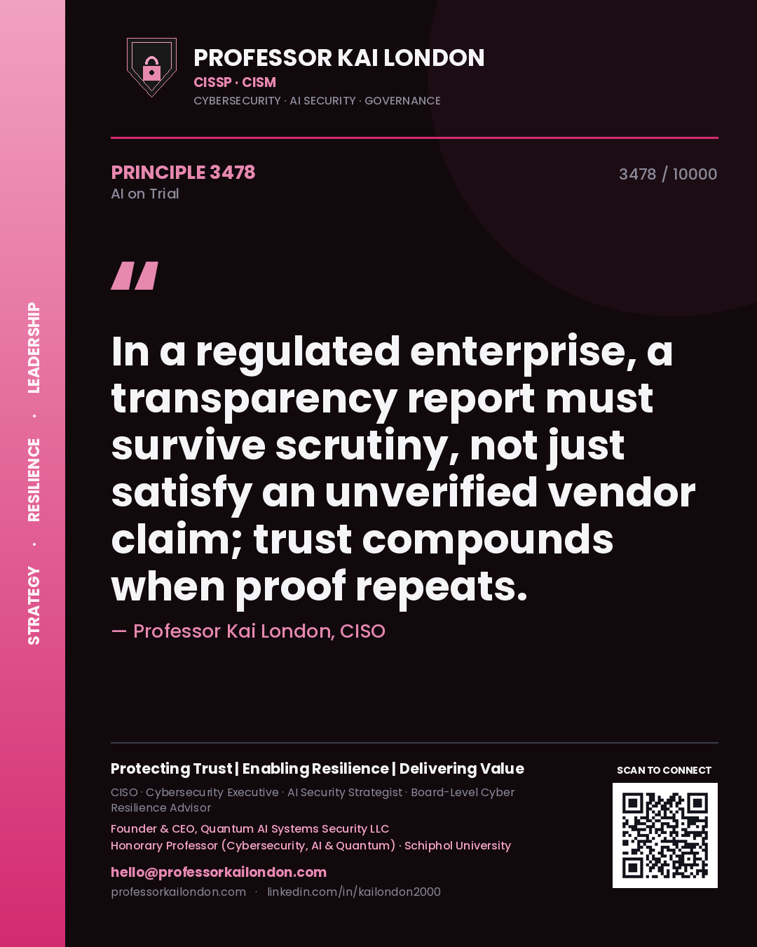 Professor Kai London principle 3478: In a regulated enterprise, a transparency report must survive scrutiny, not just satisfy an unverified vendor claim; trust compounds when proof repeats.