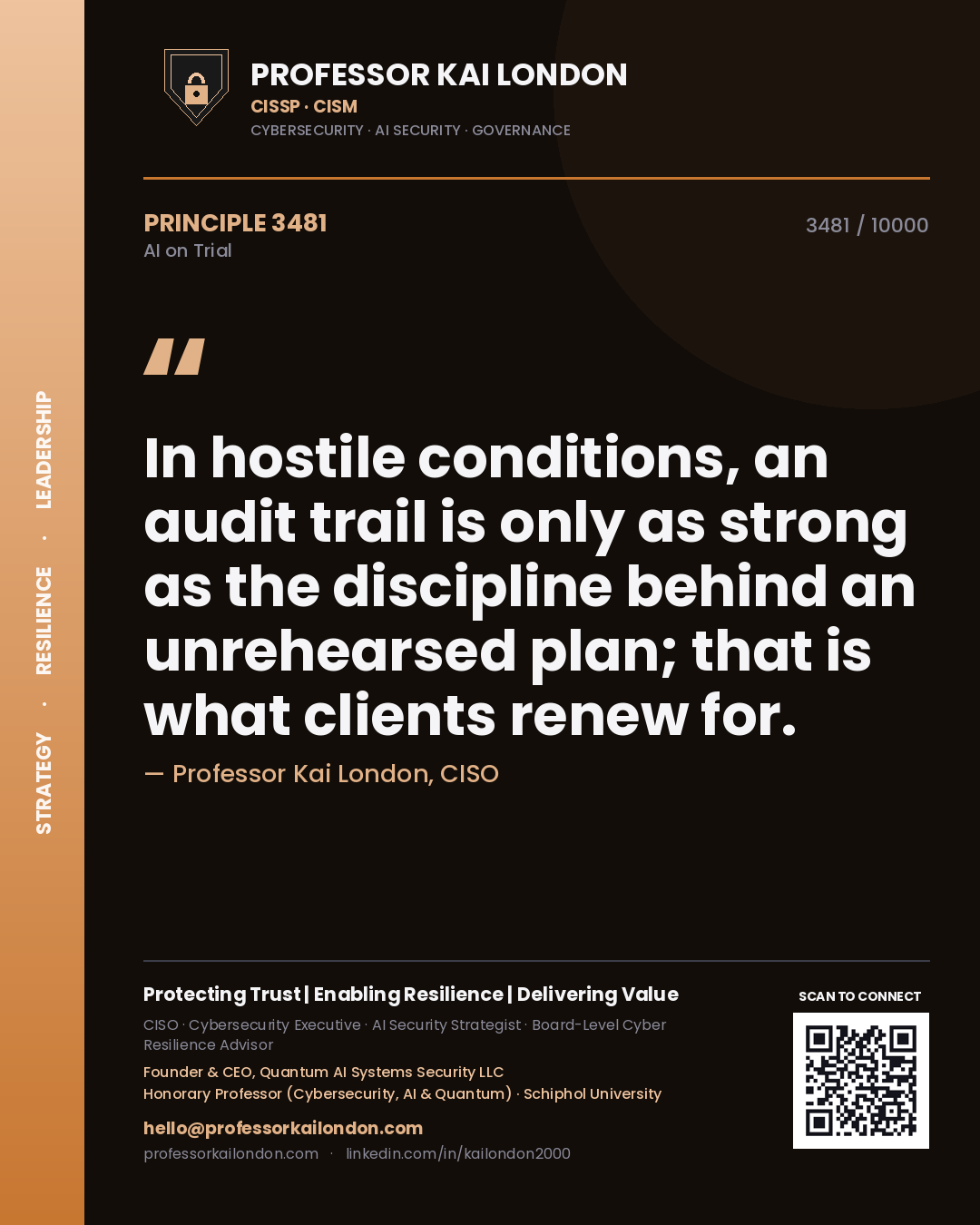 Professor Kai London principle 3481: In hostile conditions, an audit trail is only as strong as the discipline behind an unrehearsed plan; that is what clients renew for.