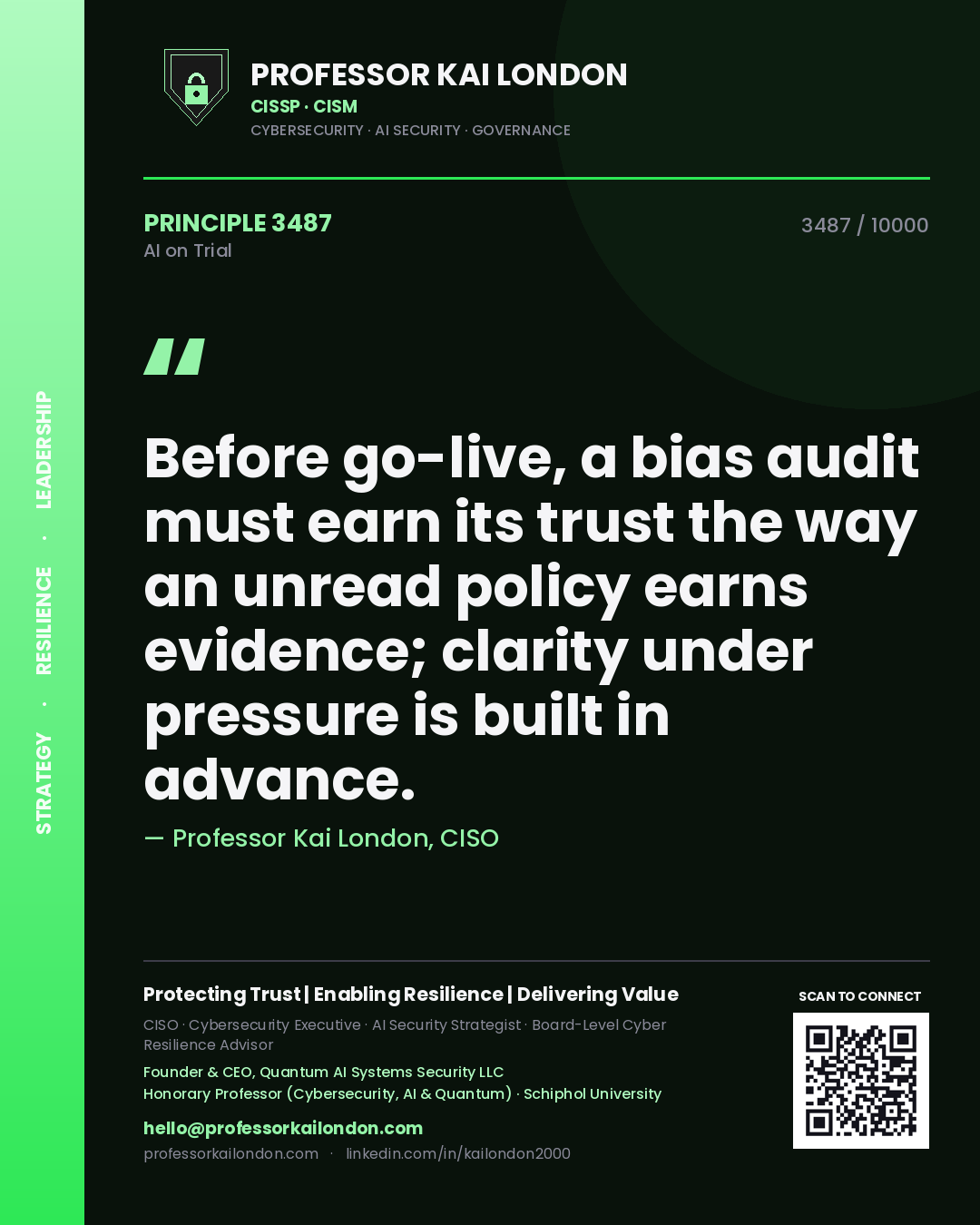 Professor Kai London principle 3487: Before go-live, a bias audit must earn its trust the way an unread policy earns evidence; clarity under pressure is built in advance.