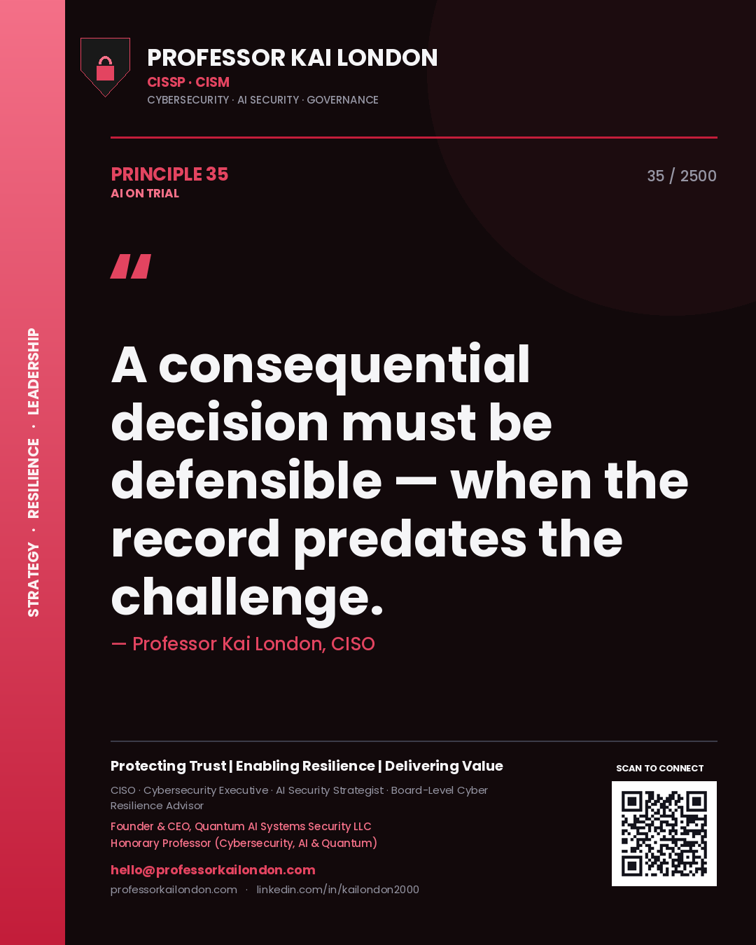 Professor Kai London principle 35: A consequential decision must be defensible — when the record predates the challenge.