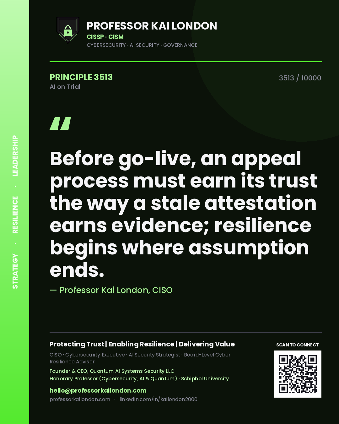 Professor Kai London principle 3513: Before go-live, an appeal process must earn its trust the way a stale attestation earns evidence; resilience begins where assumption ends.