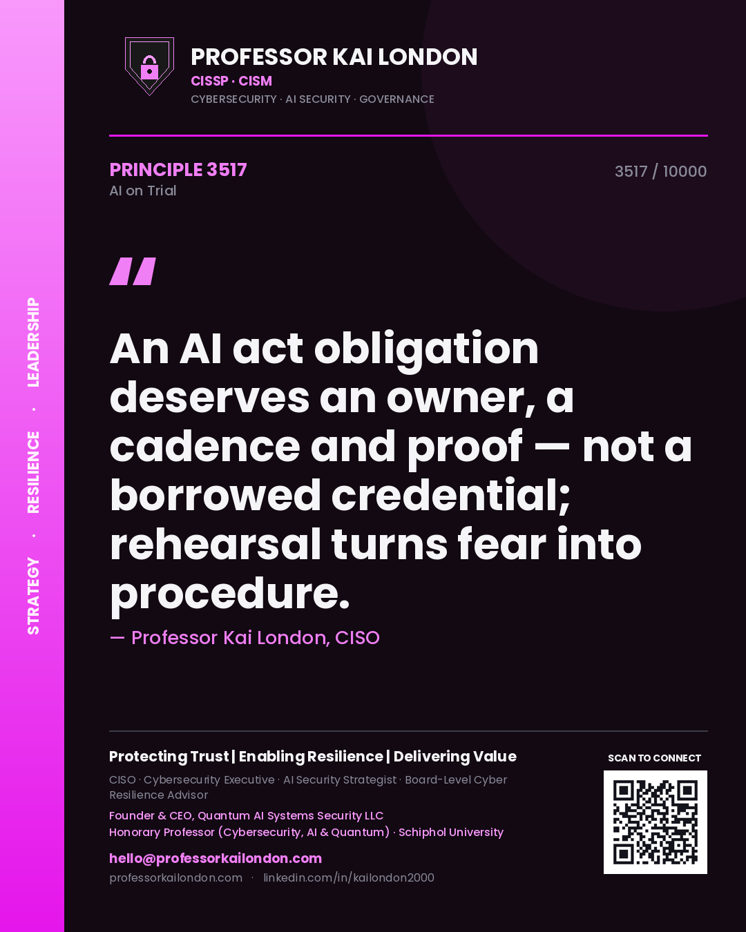 Professor Kai London principle 3517: An AI act obligation deserves an owner, a cadence and proof — not a borrowed credential; rehearsal turns fear into procedure.