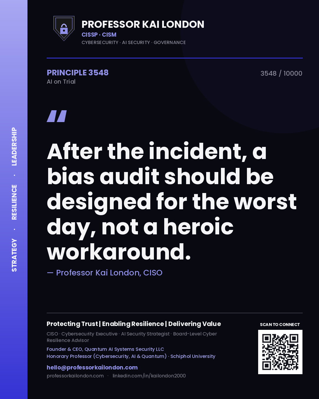 Professor Kai London principle 3548: After the incident, a bias audit should be designed for the worst day, not a heroic workaround.