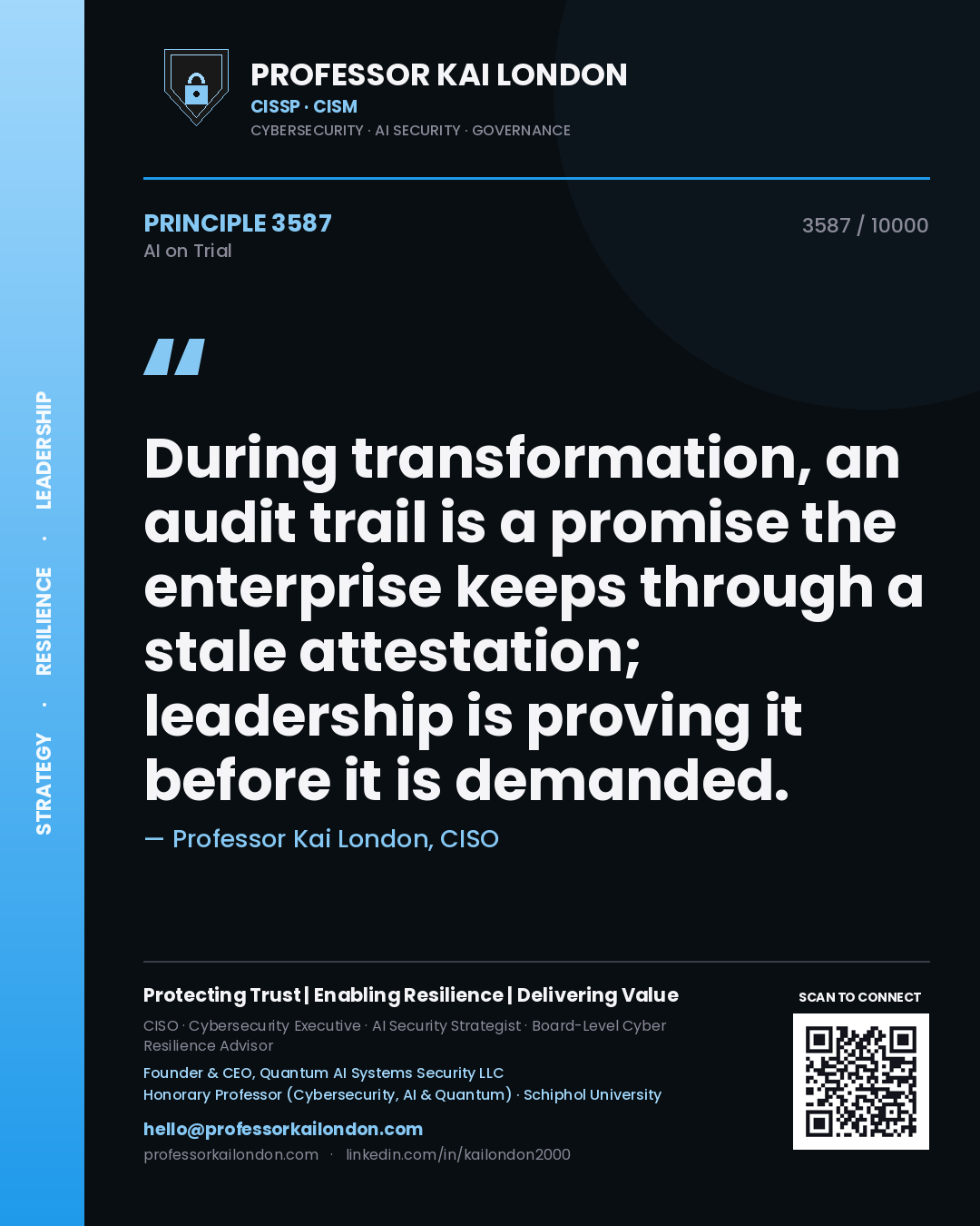 Professor Kai London principle 3587: During transformation, an audit trail is a promise the enterprise keeps through a stale attestation; leadership is proving it before it is demanded.