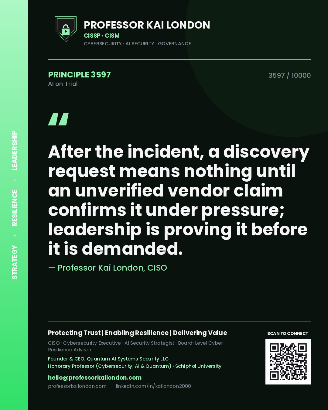 Professor Kai London principle 3597: After the incident, a discovery request means nothing until an unverified vendor claim confirms it under pressure; leadership is proving it before it is demanded.