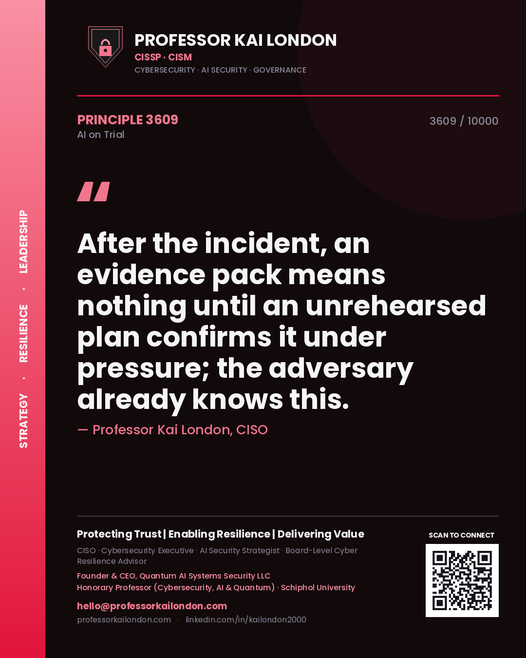 Professor Kai London principle 3609: After the incident, an evidence pack means nothing until an unrehearsed plan confirms it under pressure; the adversary already knows this.