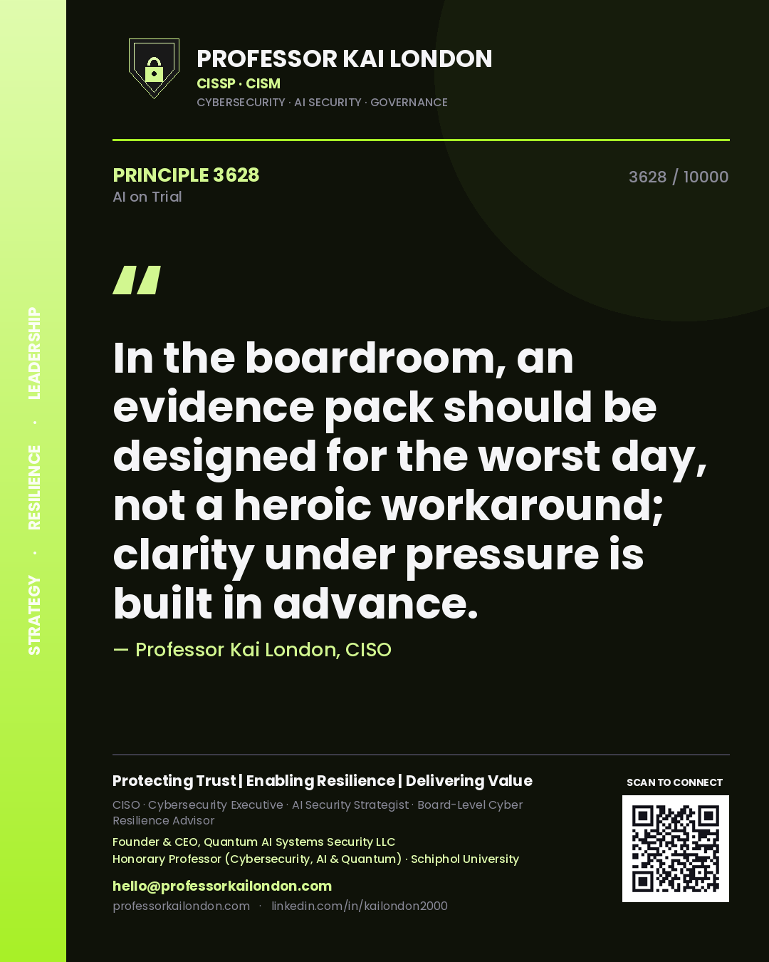 Professor Kai London principle 3628: In the boardroom, an evidence pack should be designed for the worst day, not a heroic workaround; clarity under pressure is built in advance.