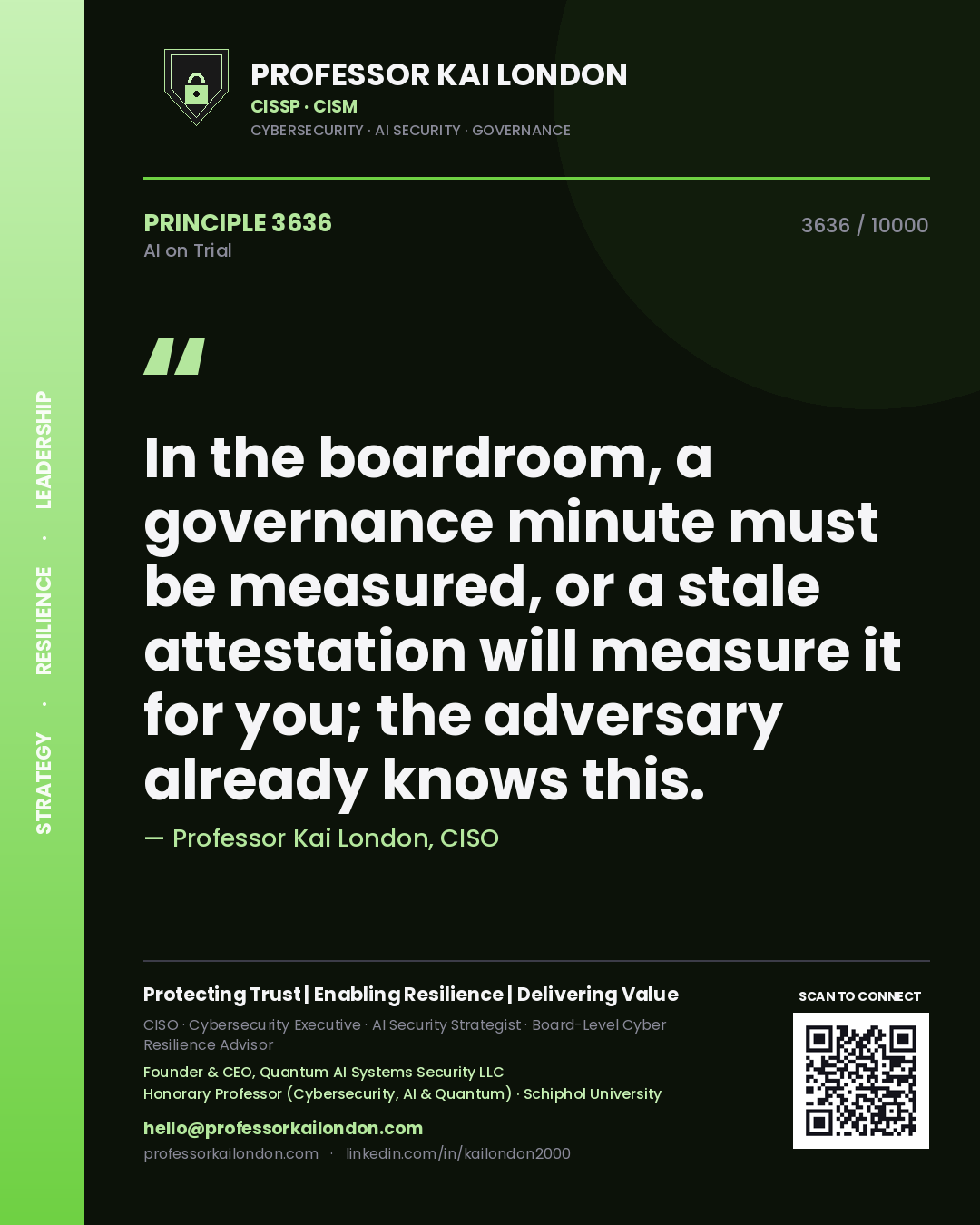 Professor Kai London principle 3636: In the boardroom, a governance minute must be measured, or a stale attestation will measure it for you; the adversary already knows this.