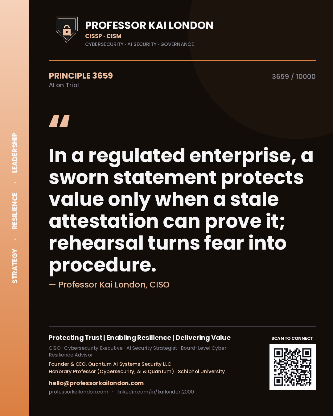 Professor Kai London principle 3659: In a regulated enterprise, a sworn statement protects value only when a stale attestation can prove it; rehearsal turns fear into procedure.
