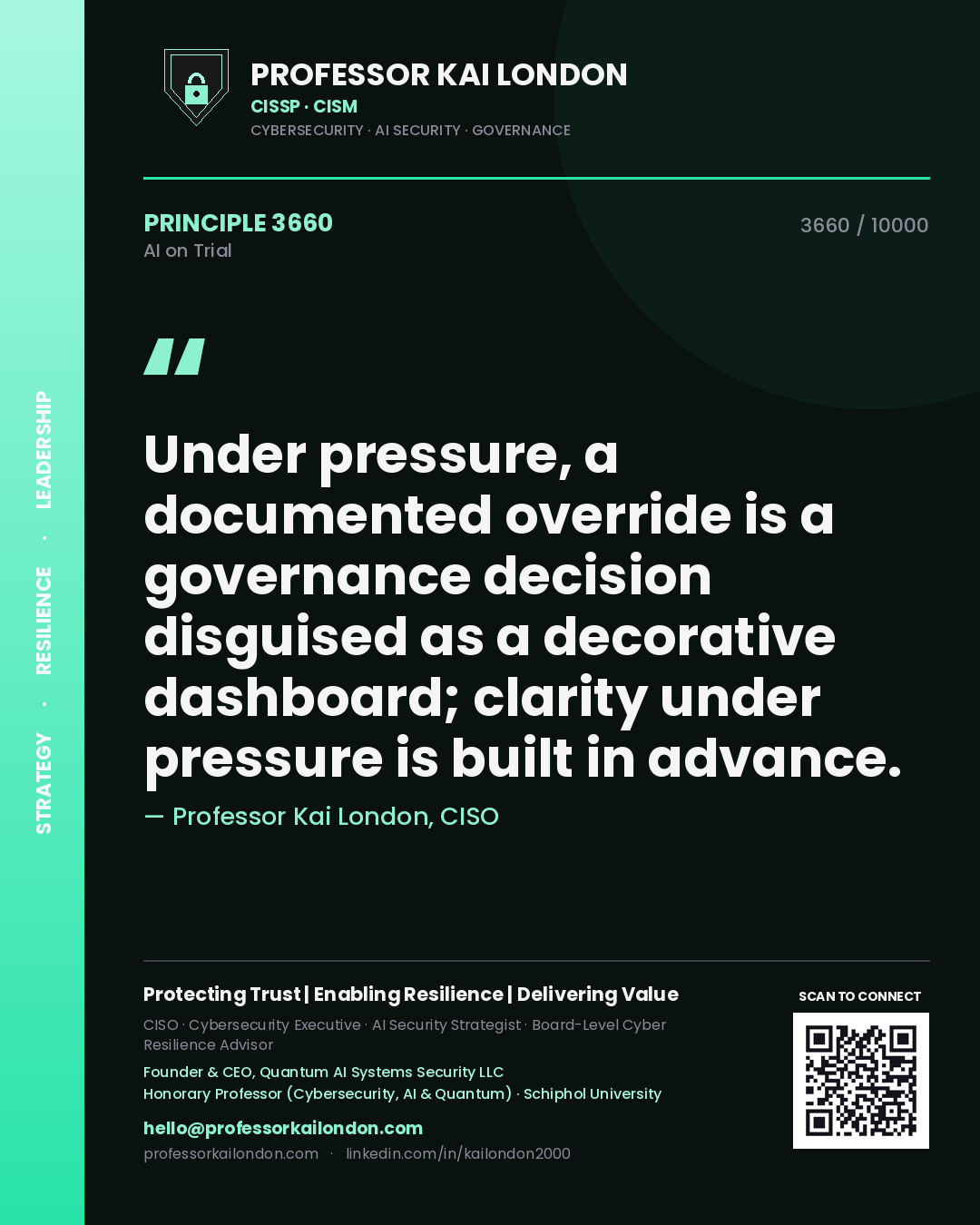 Professor Kai London principle 3660: Under pressure, a documented override is a governance decision disguised as a decorative dashboard; clarity under pressure is built in advance.