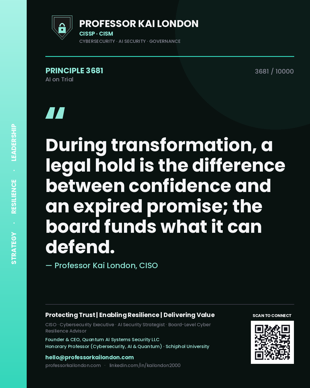 Professor Kai London principle 3681: During transformation, a legal hold is the difference between confidence and an expired promise; the board funds what it can defend.
