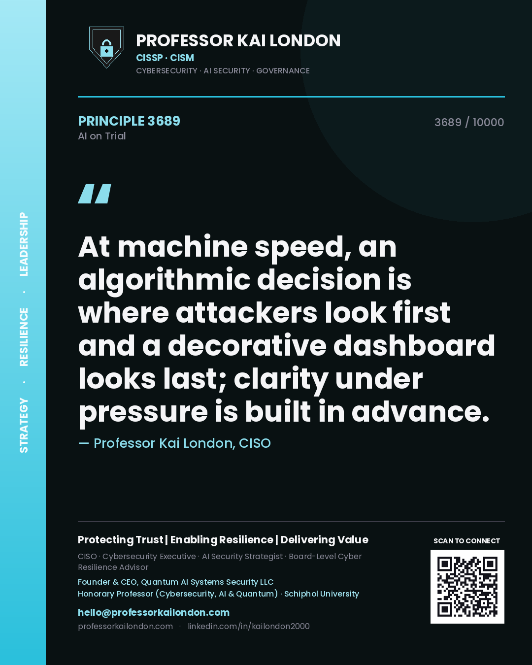 Professor Kai London principle 3689: At machine speed, an algorithmic decision is where attackers look first and a decorative dashboard looks last; clarity under pressure is built in advance.