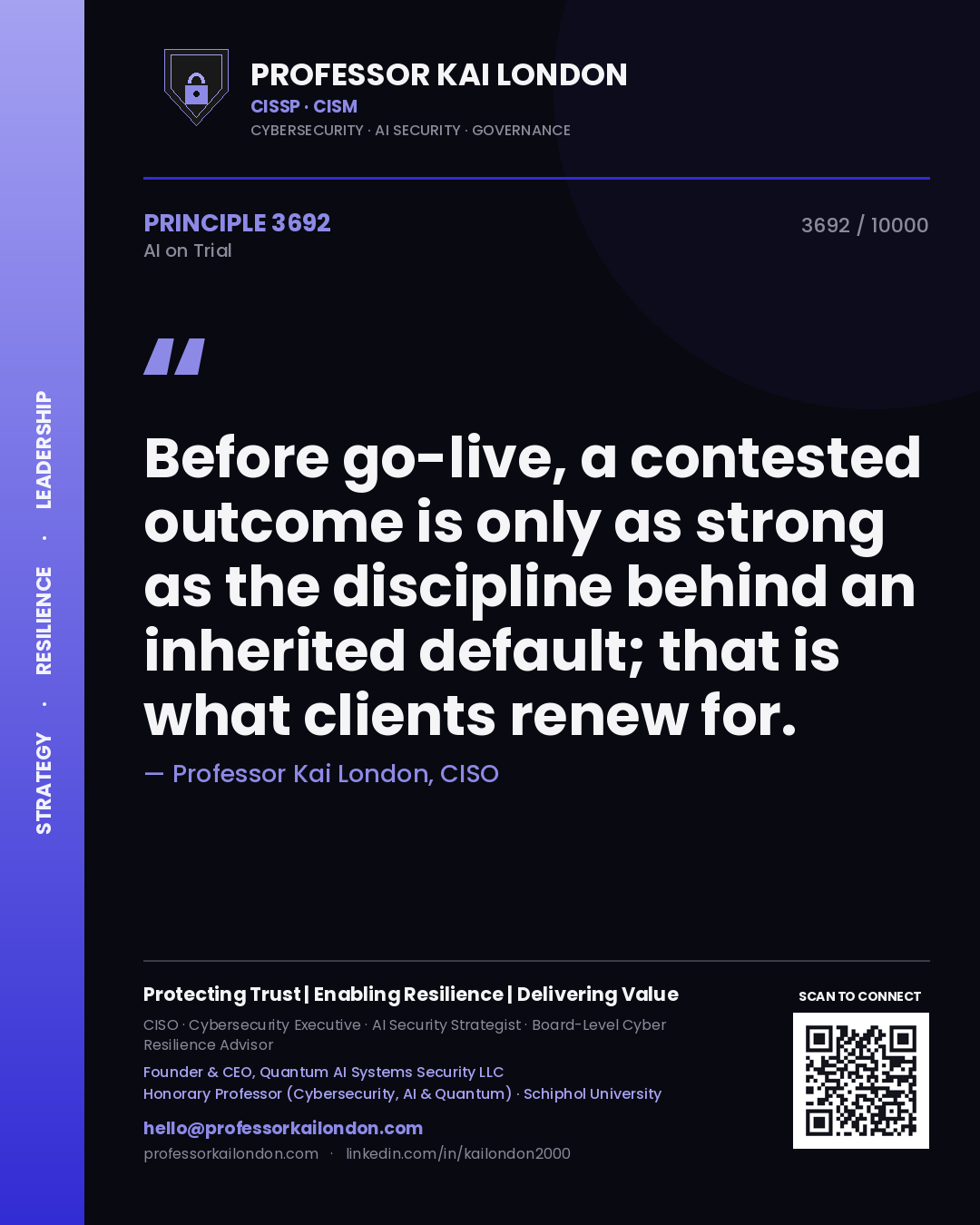 Professor Kai London principle 3692: Before go-live, a contested outcome is only as strong as the discipline behind an inherited default; that is what clients renew for.