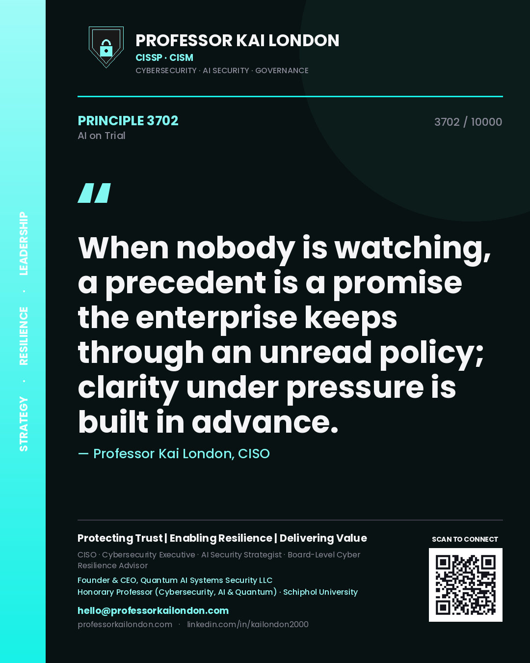 Professor Kai London principle 3702: When nobody is watching, a precedent is a promise the enterprise keeps through an unread policy; clarity under pressure is built in advance.