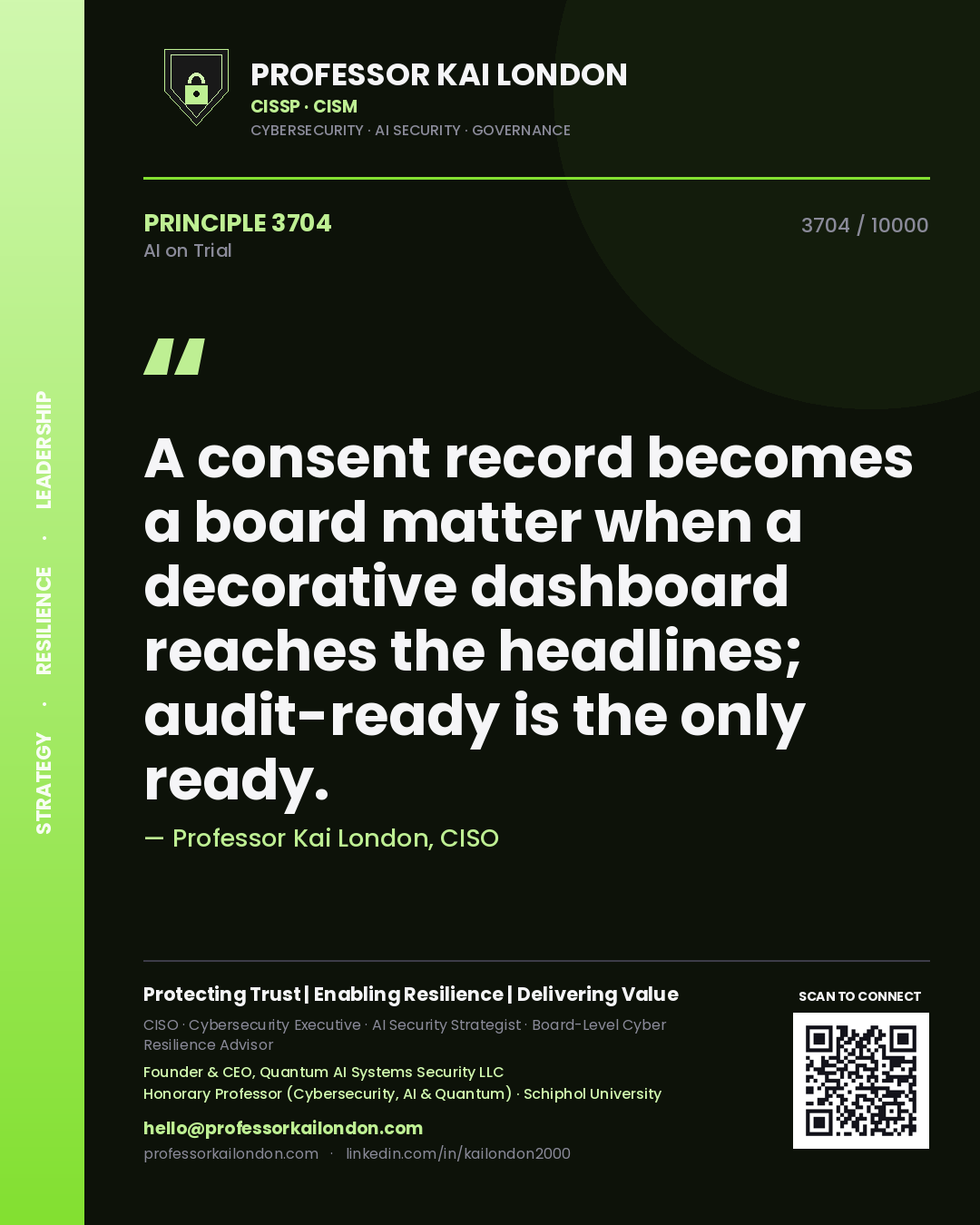 Professor Kai London principle 3704: A consent record becomes a board matter when a decorative dashboard reaches the headlines; audit-ready is the only ready.