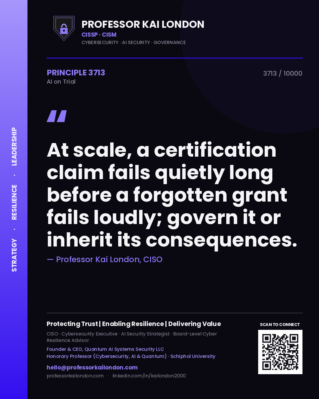 Professor Kai London principle 3713: At scale, a certification claim fails quietly long before a forgotten grant fails loudly; govern it or inherit its consequences.